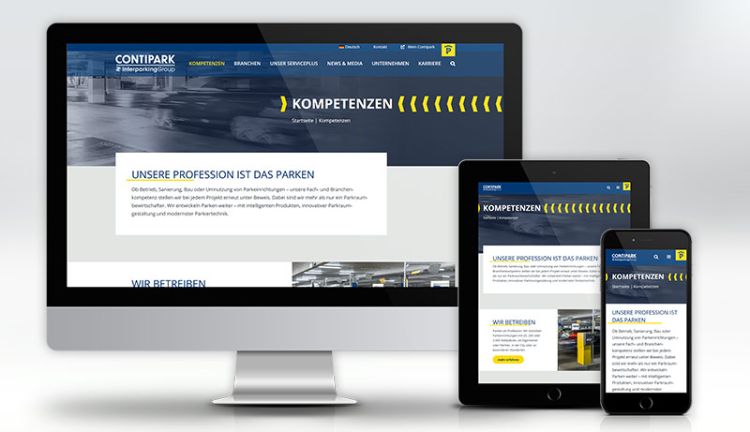 Darstellung der Contipark-Website auf Desktop, Tablet und Smartphone