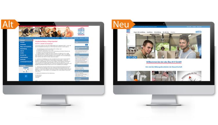 Darstellung der neuen und der alten abc Bau Website auf zwei Bildschirmen