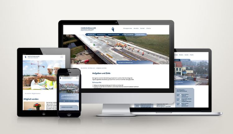 Abbildung der responsiven Website der Ingenieurkammer MV auf verschiedenen Endgeräten