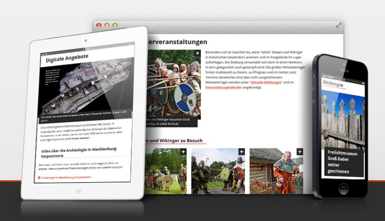 Die Website des Archäologischen Freilichtmuseums Groß Raden auf Tablet, Desktop und Smartphone